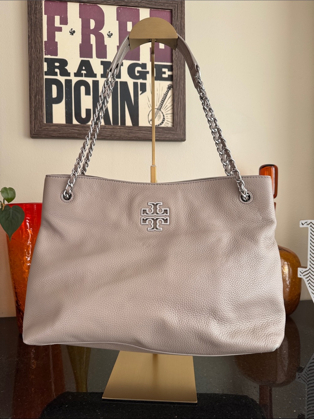 Tory Burch Pebbled Leather Shoulder Bag in Taupe with Silver Hardware